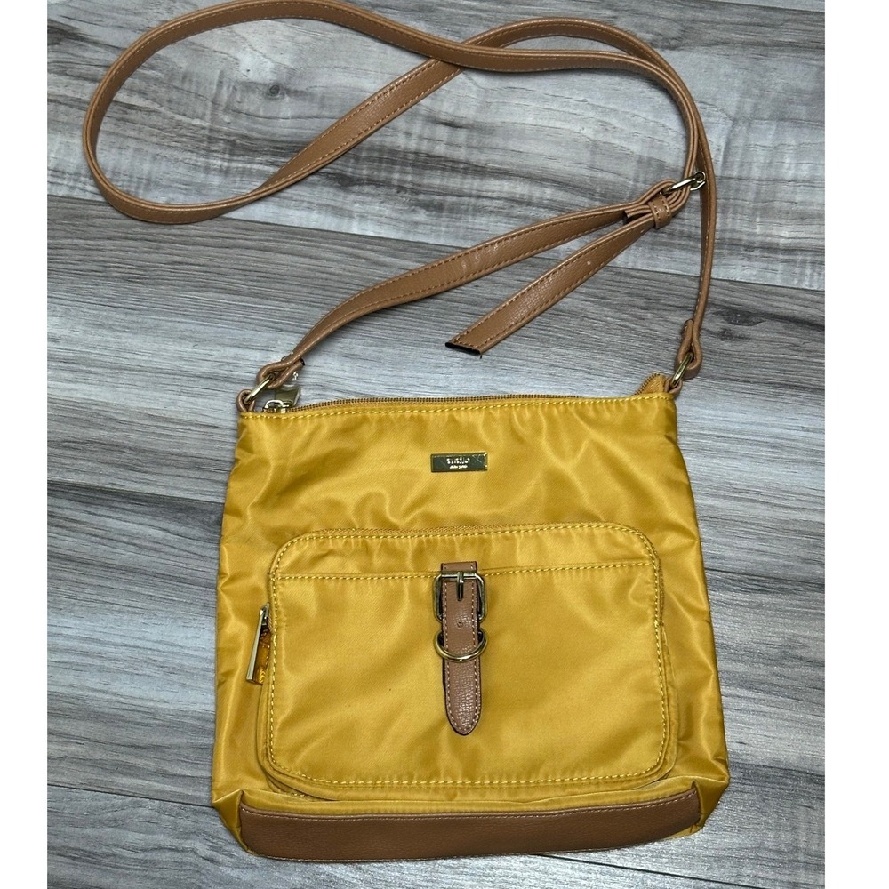 Tutilo New York Mustard Yellow Nylon Crossbody Bag Tan Trim Gold Hardware